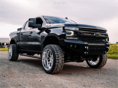 2021 Chevrolet Silverado 1500 with 24x12 Polished ARKON FORGED Splicer Wheels, 35/12.5R24 Kelfire Dmr Rt tires, and Suspension Lift 6" Bds Suspension Lift Kits.