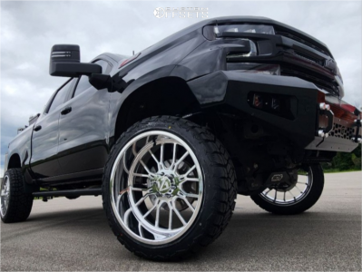 2021 Chevrolet Silverado 1500 with 24x12 Polished ARKON FORGED Splicer Wheels, 35/12.5R24 Kelfire Dmr Rt tires, and Suspension Lift 6" Bds Suspension Lift Kits.