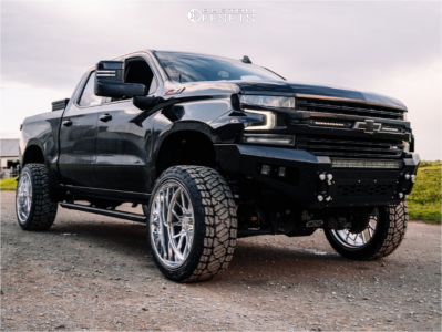 2021 Chevrolet Silverado 1500 with 24x12 Polished ARKON FORGED Splicer Wheels, 35/12.5R24 Kelfire Dmr Rt tires, and Suspension Lift 6" Bds Suspension Lift Kits.