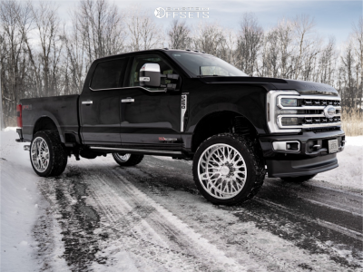 2024 Ford F-250 Super Duty with 24x12 Polished ARKON FORGED Dallas Wheels, 35/12.5R24 Kelfire Dmr Rt tires, and Suspension Lift 2.5" Kryptonite.