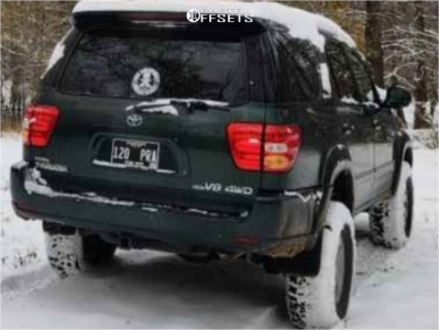 2002 Toyota Sequoia with 17x9.5 Black Black Rhino Armory Wheels, 315/70R17 Hankook Dynapro Mt2 tires, and Suspension Lift 4" Old Man Emu.